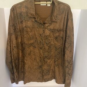 Chico's Brown Faux‎ Suede Snake Skin Blouse Size 3 Long Sleeve J1